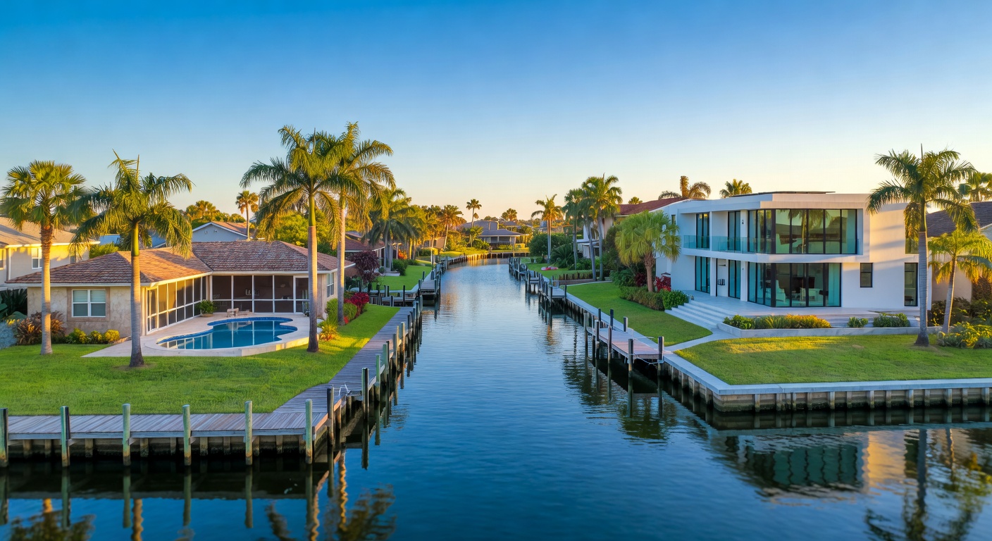 Ultra-realistic 8K aerial photograph of beautiful waterfront homes in Cape Coral Florida during golden hour, showing both renovated older homes and brand new luxury constructions, crystal clear canals, palm trees, vibrant blue sky, high detail, architectural photography