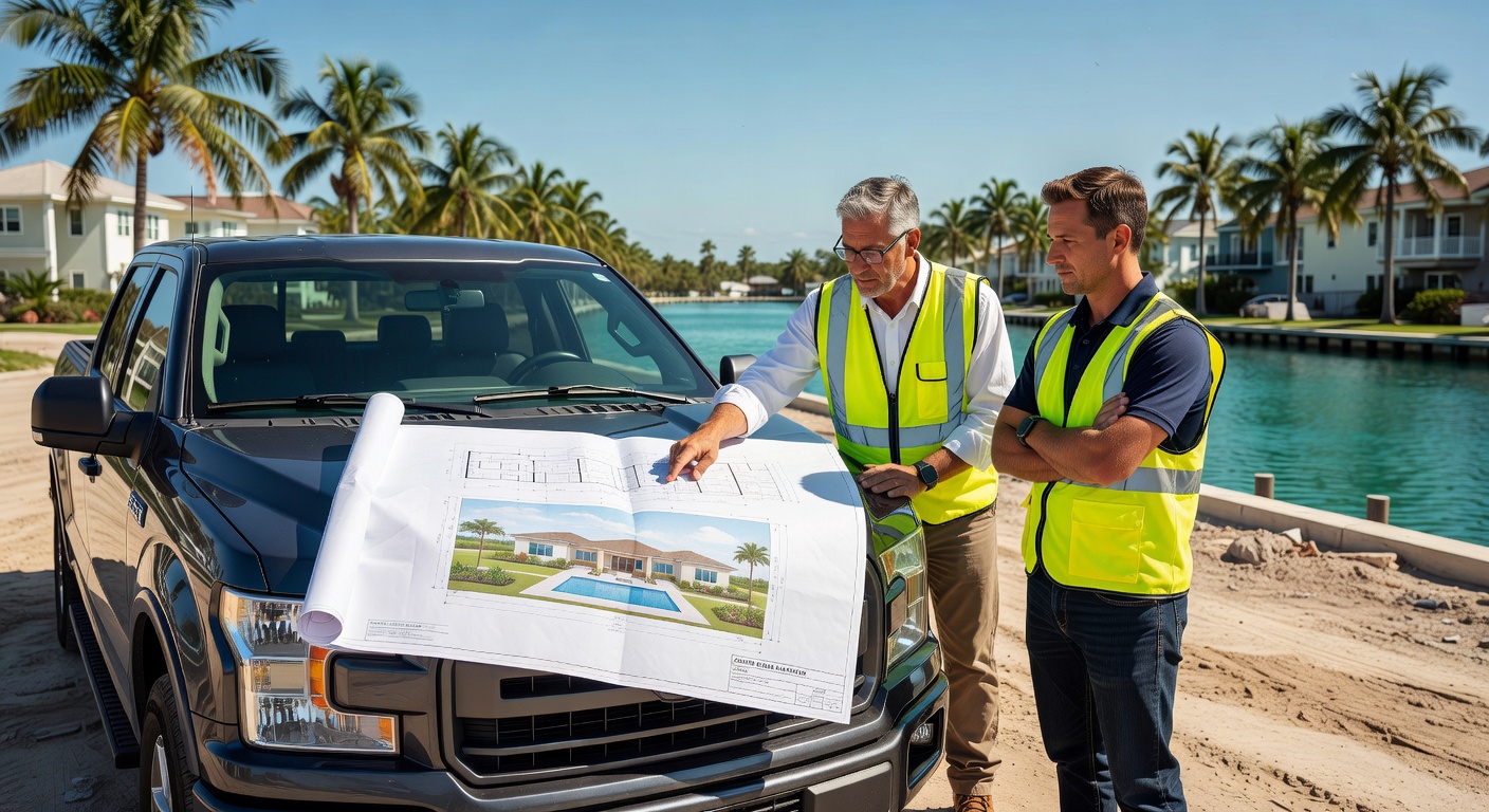 Professional 8K image of a homeowner and architect discussing plans at a Cape Coral building site, unrolled blueprints on hood of truck, both wearing safety vests, sunny Florida day