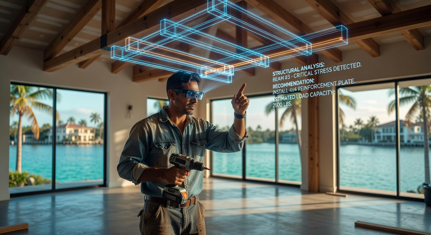 Detailed image of augmented reality glasses displaying structural reinforcement suggestions over a real remodeling project in a luxury Cape Coral waterfront home