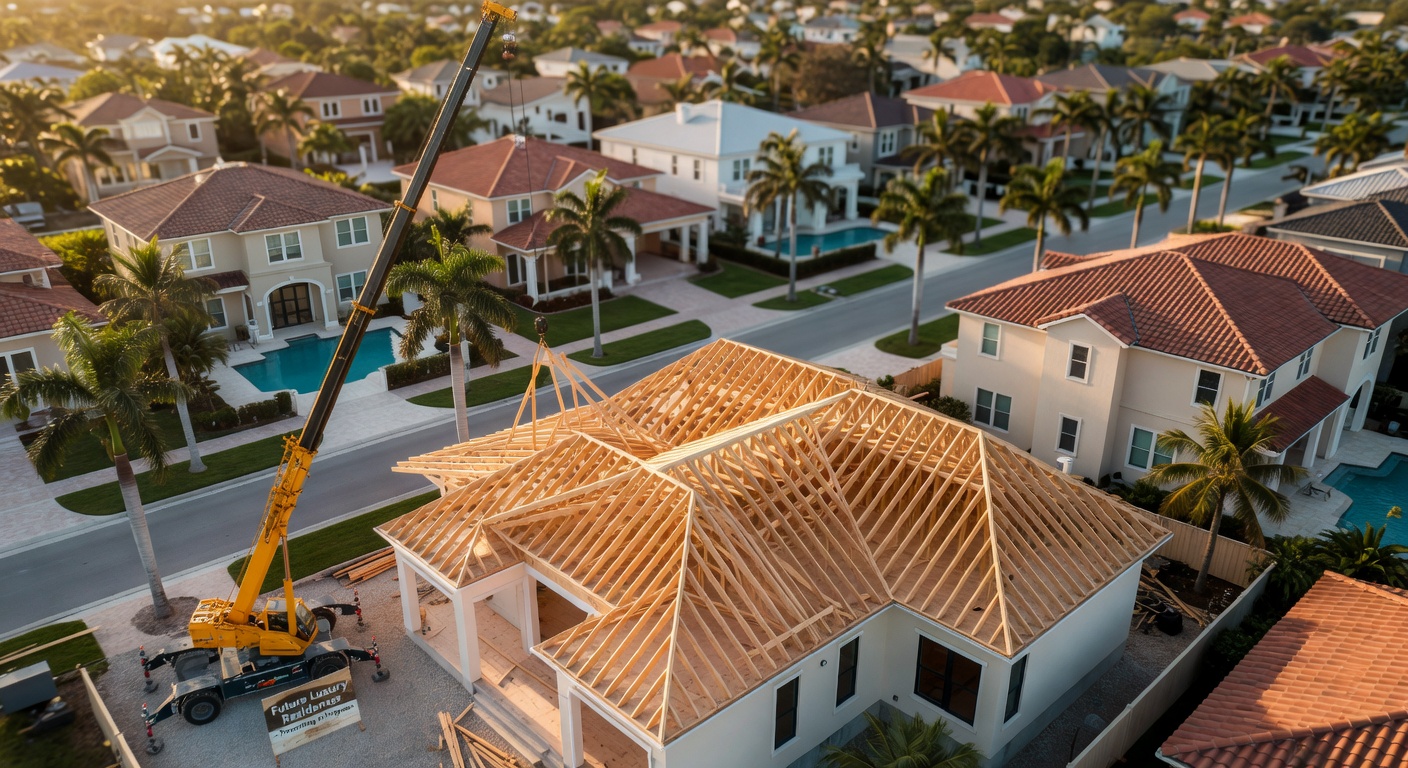 Ultra-realistic 8K aerial view of a new luxury custom home under construction in Cape Coral, roof trusses being installed, construction crane visible, beautiful surrounding neighborhood
