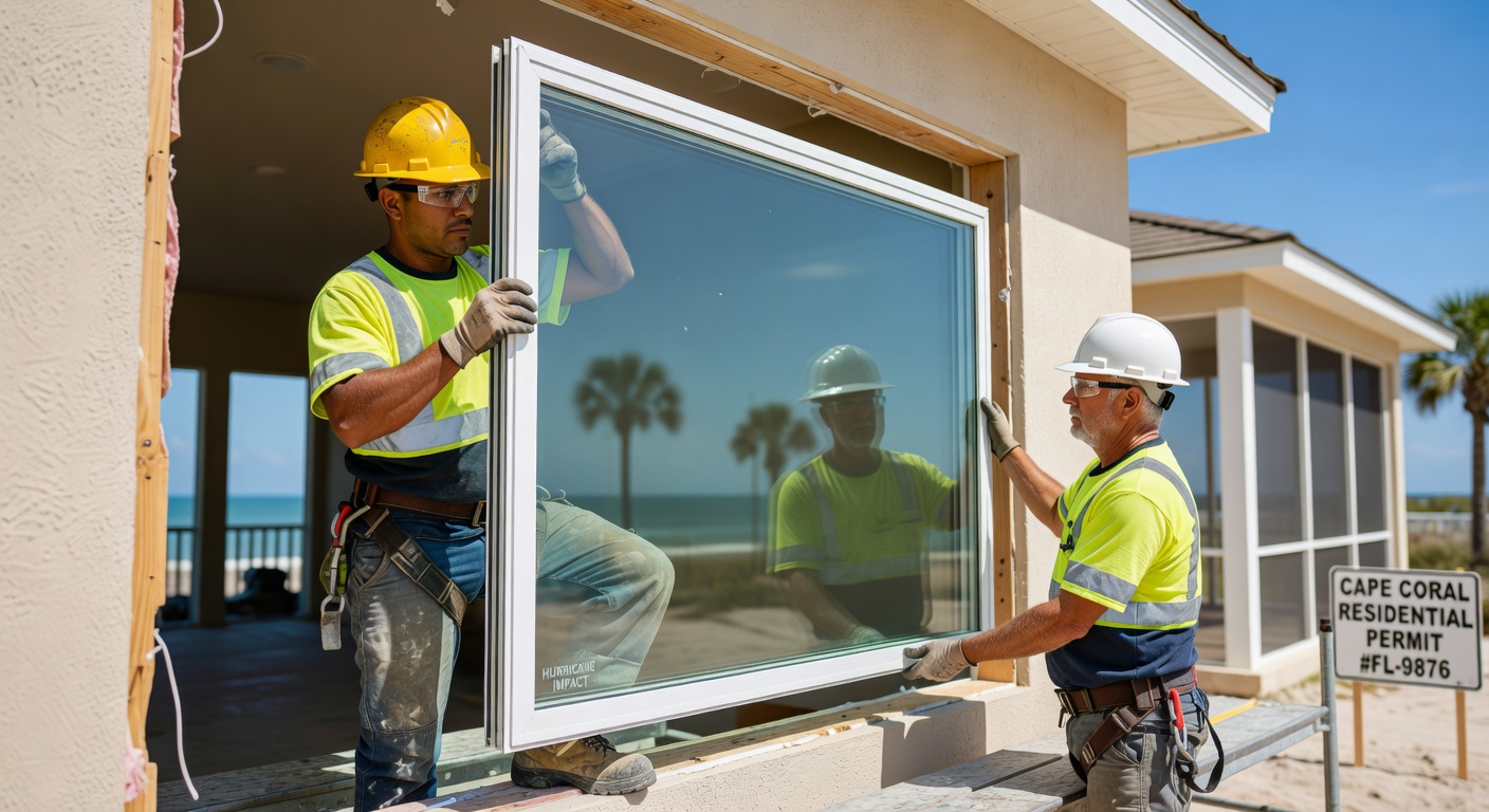 Close-up 8K photograph of hurricane impact resistant windows being installed in a Cape Coral home, construction workers carefully positioning large glass panels, realistic details