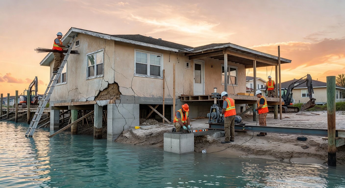 Ultra-realistic 8K image of an older Cape Coral home with significant foundation and elevation challenges, construction crew working on stilts and pilings, waterfront location