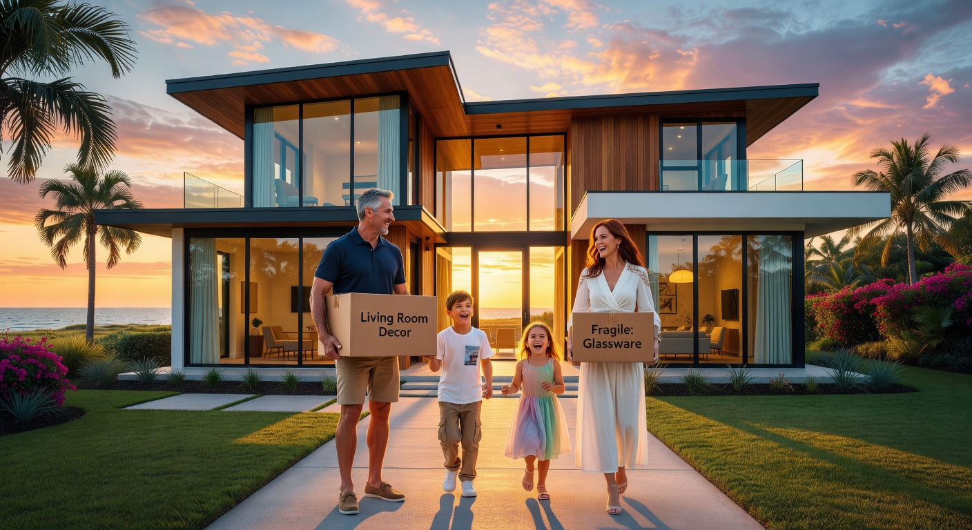 Beautiful 8K lifestyle photograph of a happy family moving into their brand new custom home in Cape Coral, carrying boxes, modern architecture, warm sunset lighting