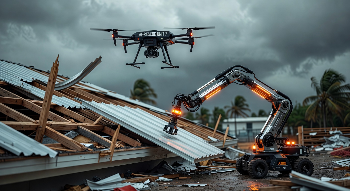 Dramatic 8K photo of post-Hurricane restoration work in Cape Coral with AI-guided robotic systems repairing a severely damaged commercial roof structure