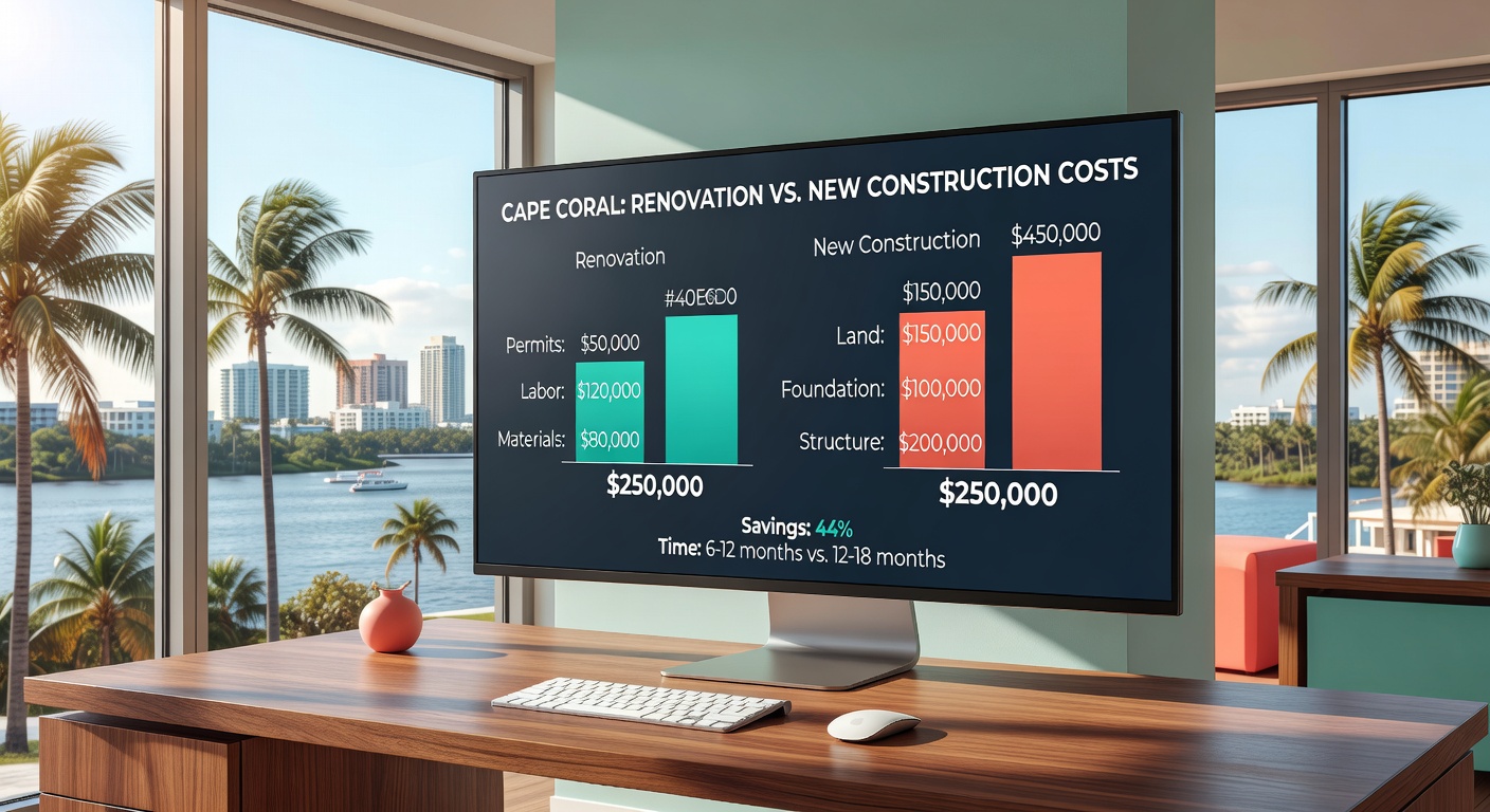 Ultra-realistic 8K financial comparison chart visualization showing renovation vs new construction costs in Cape Coral, professional design with Florida color scheme, clean modern graphics