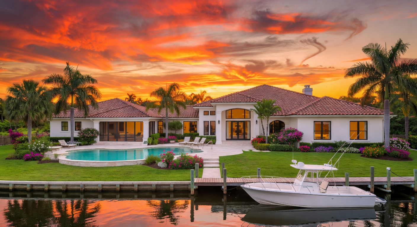 Inspiring 8K sunset photograph of a completed luxury custom home in Cape Coral with perfectly manicured landscaping, swimming pool, dock with boat, warm golden lighting, dream home aesthetic