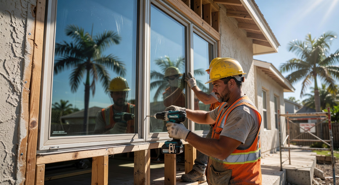 Ultra-realistic 8K close-up image of impact-resistant windows being installed on a new home addition in Cape Coral, workers in safety gear, detailed textures and materials