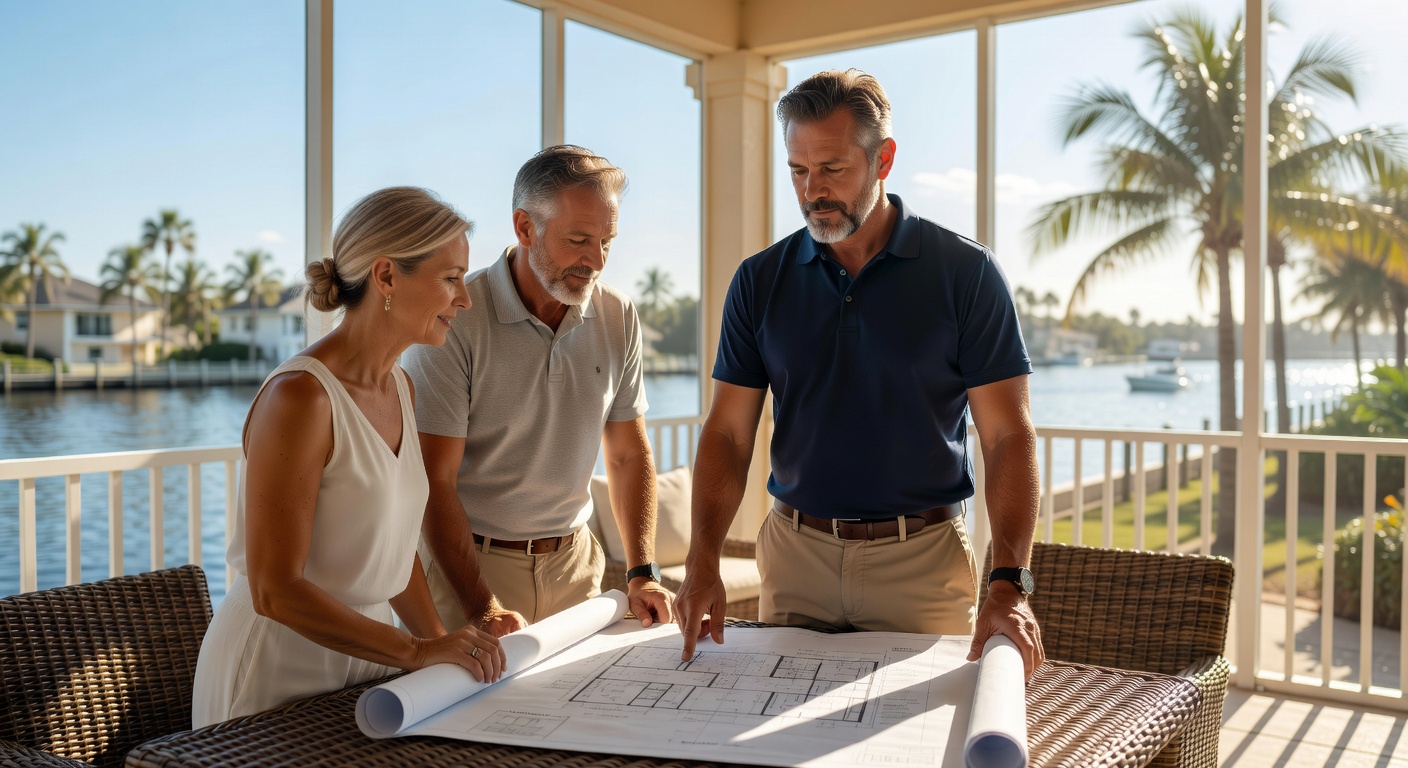 Ultra-realistic 8K photograph of a frustrated homeowner standing in a half-finished kitchen with exposed drywall and incomplete cabinetry in a Cape Coral residence, natural window light