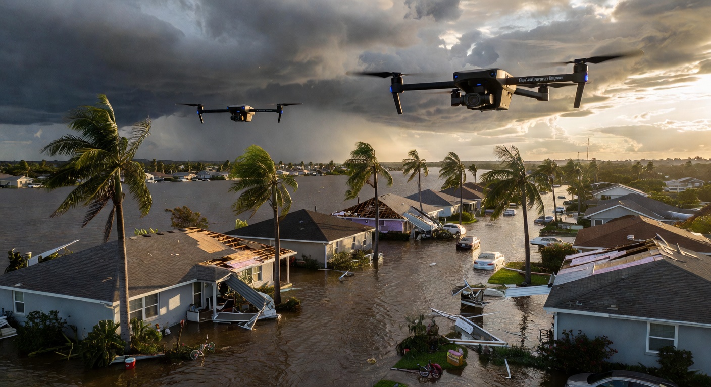 Aerial perspective of post-hurricane damage assessment in Cape Coral using AI-powered drones capturing high-resolution imagery of damaged roofs and structures, dramatic storm aftermath lighting