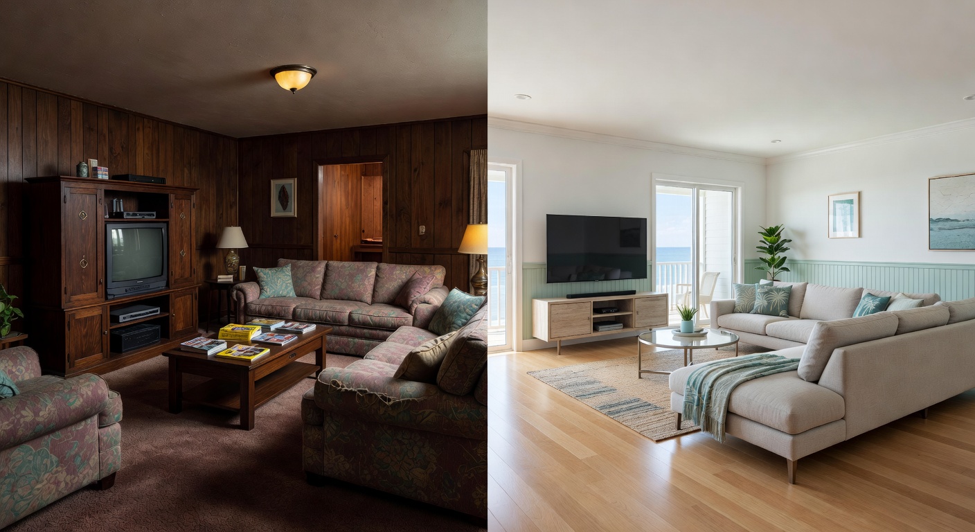 Split-screen ultra-realistic 8K comparison showing an outdated 1980s Cape Coral living room on the left and the same room fully renovated in modern coastal style on the right, bright natural lighting