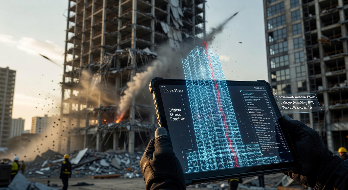 Photorealistic 8K image of a digital twin visualization showing AI predictive modeling for building collapse during demolition, technical wireframe and solid model combination