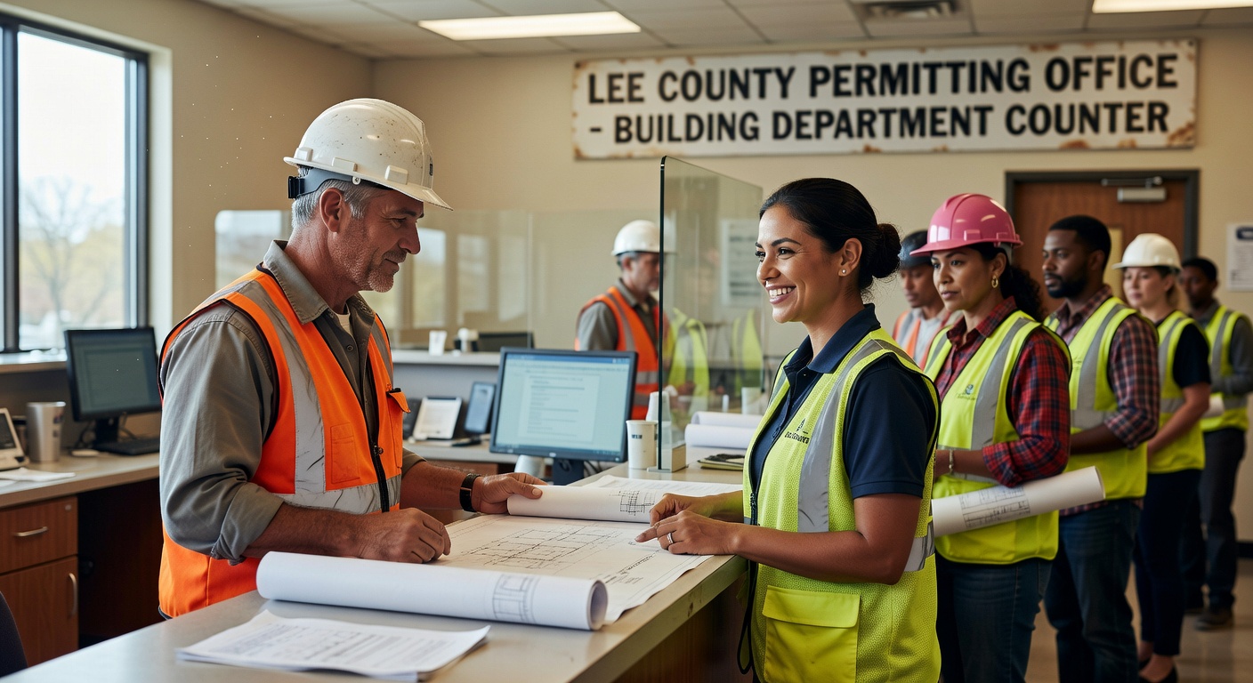 Ultra-realistic 8K photo of Lee County building department permit counter with construction professionals submitting plans, official documents, friendly interaction, natural office lighting