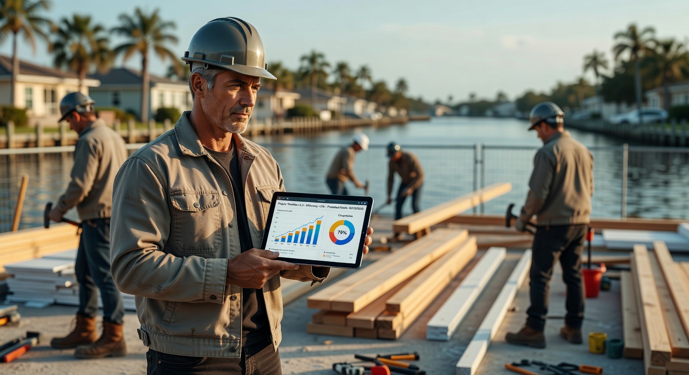 Construction manager reviewing real-time AI progress analytics on a tablet device while standing on a bustling residential remodeling site in Cape Coral, Florida waterfront background