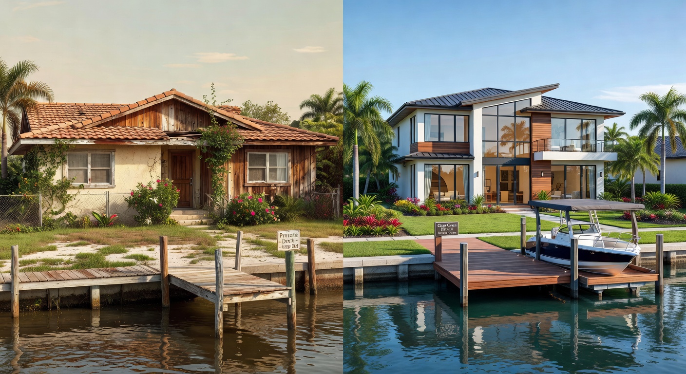 Before and after 8K split image of a Cape Coral canal-front home renovation, left side showing dated 1990s exterior, right side showing stunning updated modern facade with new dock and landscaping