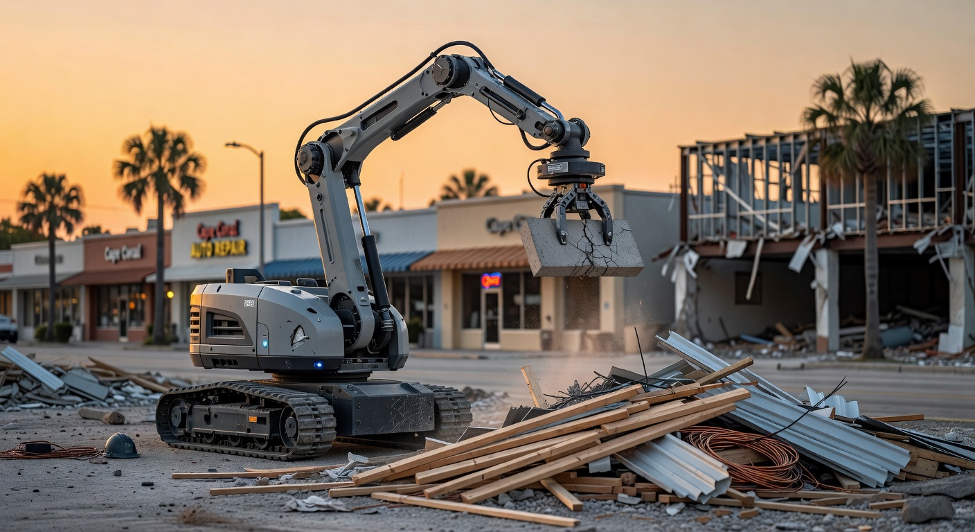 Ultra-realistic 8K render of autonomous robotic equipment performing precise material sorting during a demolition project in a Cape Coral commercial district at golden hour