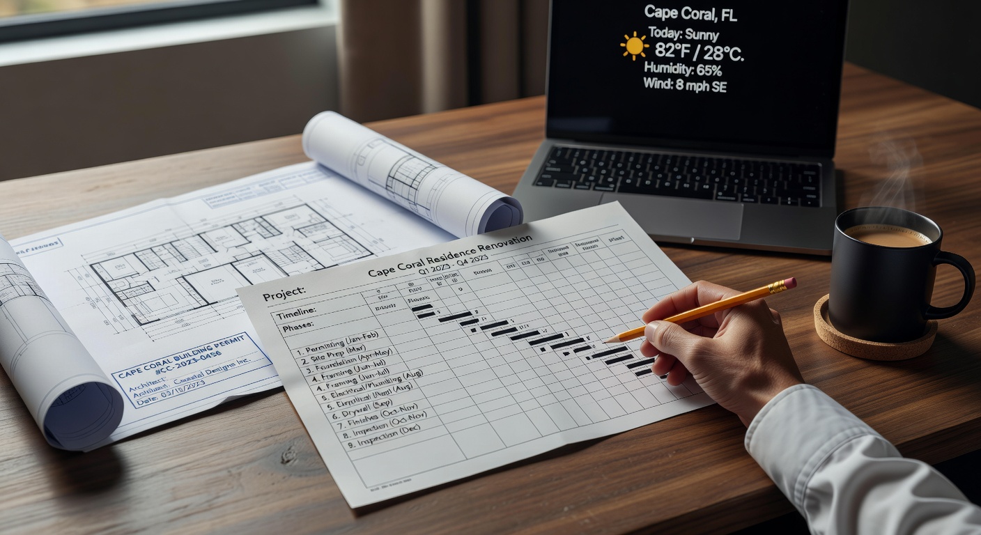 Ultra-realistic 8K image of construction timeline Gantt chart on a modern wooden desk with Cape Coral blueprints, coffee cup, laptop showing local weather, natural window light