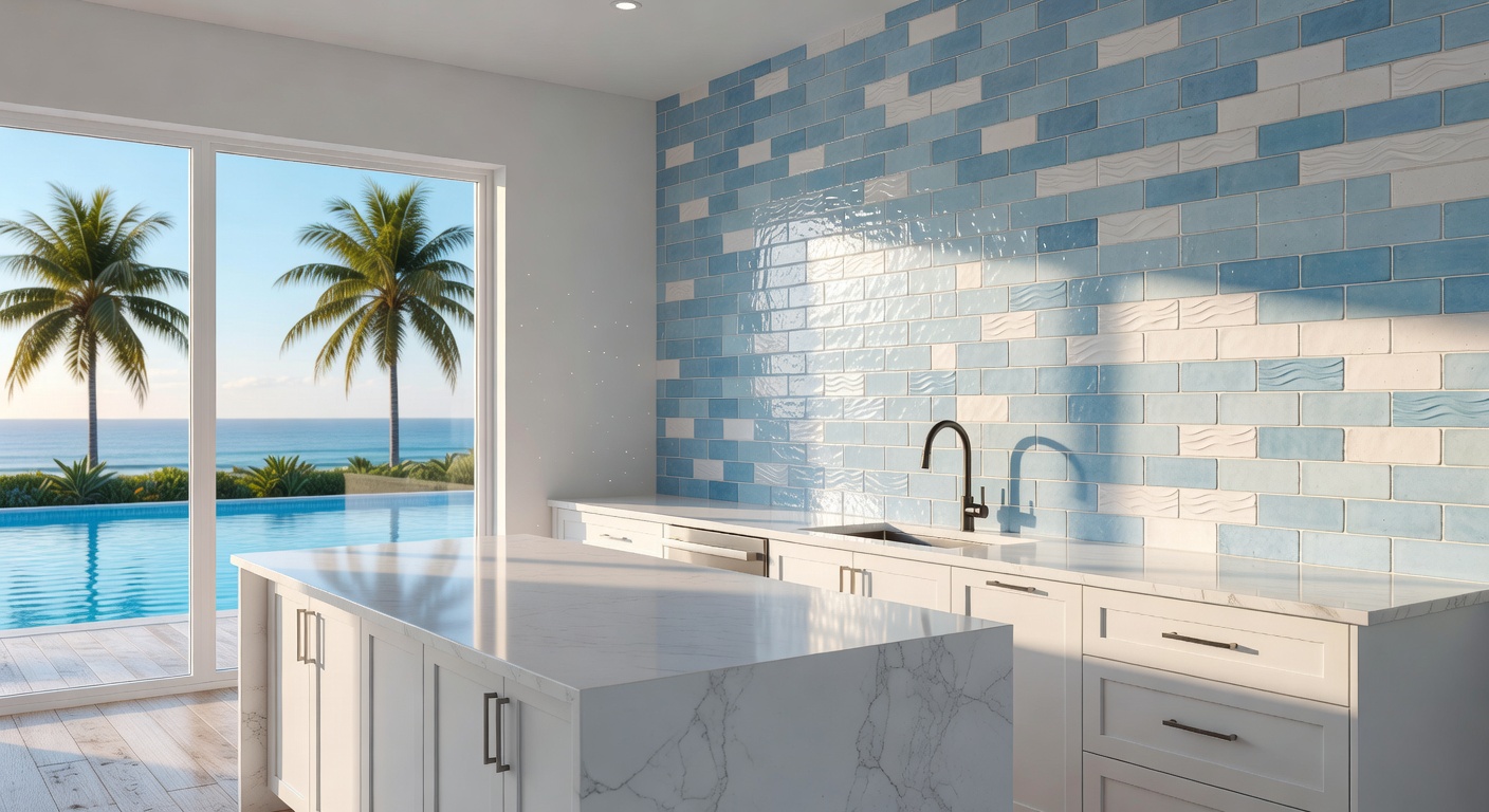 Ultra-realistic 8K image of a coastal-inspired kitchen backsplash featuring handmade tiles in soft blues and whites in a Cape Coral residence