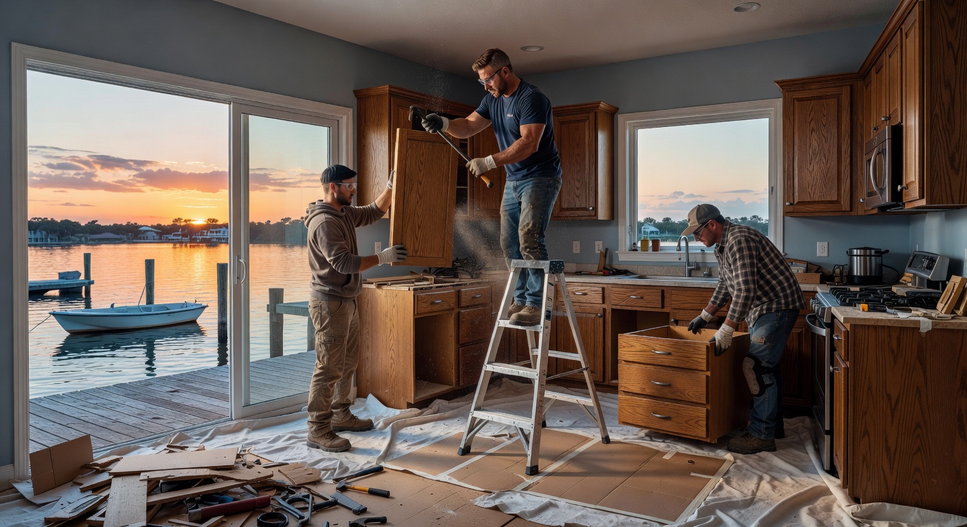 Professional 8K photograph of a Cape Coral kitchen demolition phase with contractors carefully removing old cabinetry while protecting the floor
