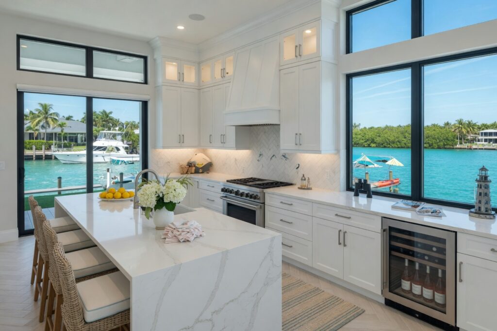 Ultra-realistic 8K photo of a luxurious modern coastal kitchen renovation in a Cape Coral waterfront home with white cabinetry, quartz countertops, and large windows overlooking the canal, bright natural lighting, professional photography