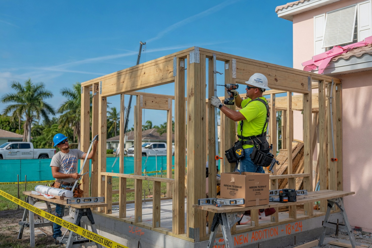 Ultra-realistic 8K construction site image of a Cape Coral home addition in progress with wooden framing, workers installing hurricane straps, clear blue sky