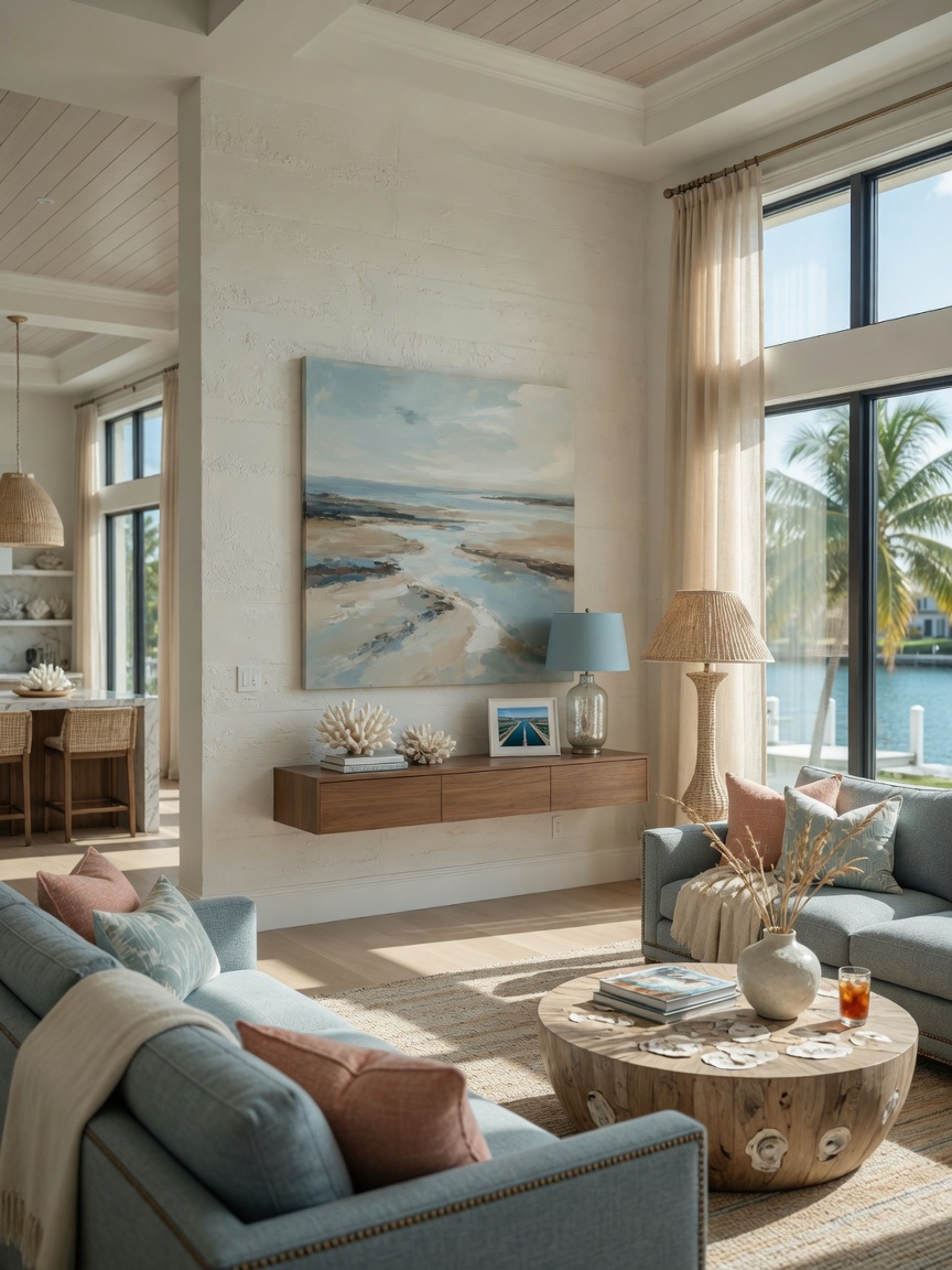 8K cinematic photograph of a sophisticated Cape Coral home interior featuring coastal modern furniture, textured walls, and abundant natural light from oversized windows