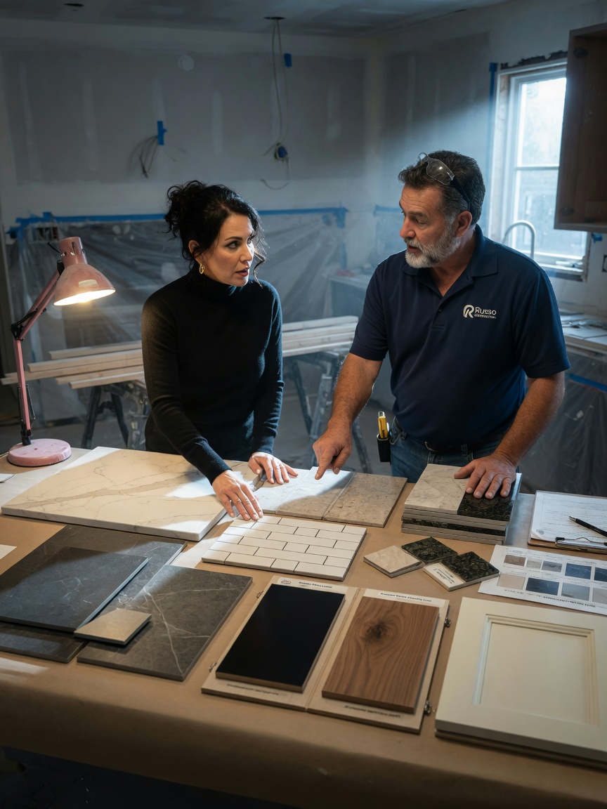 Professional 8K photo of a homeowner and contractor examining material samples including tiles, countertops and cabinet finishes in a home under renovation