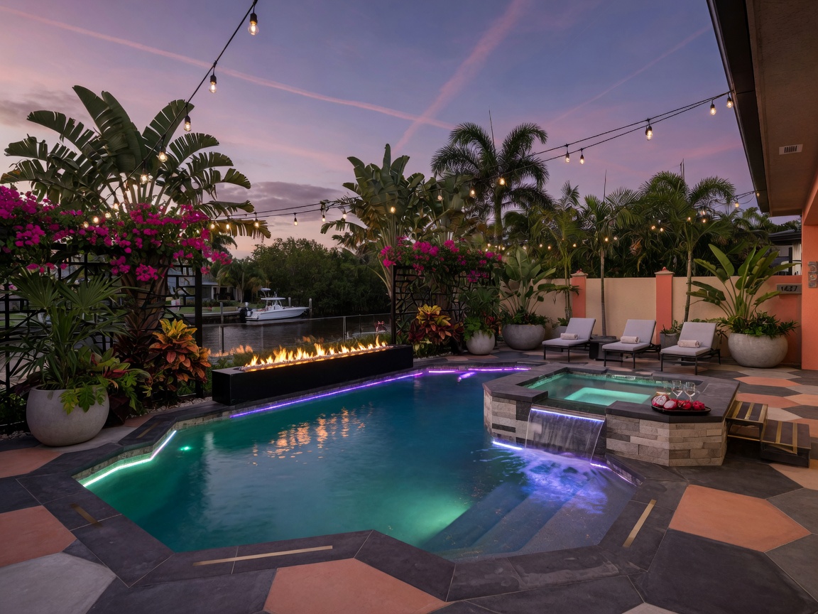 Ultra-realistic 8K image of a transformed Cape Coral pool area with modern geometric design, raised spa, and lush tropical landscaping at twilight