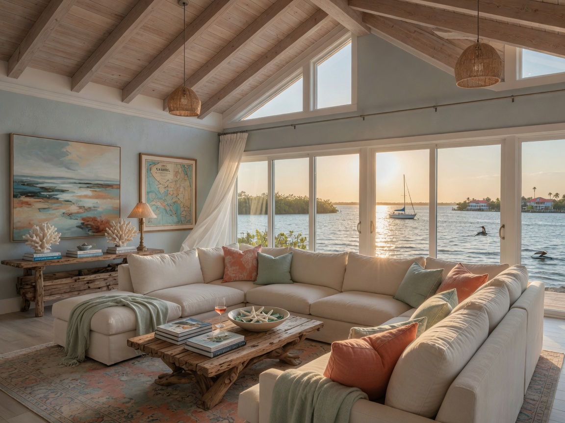 Ultra-realistic 8K image of an elegant Southwest Florida great room with vaulted ceilings, coastal artwork, comfortable sectional sofa, and panoramic water views