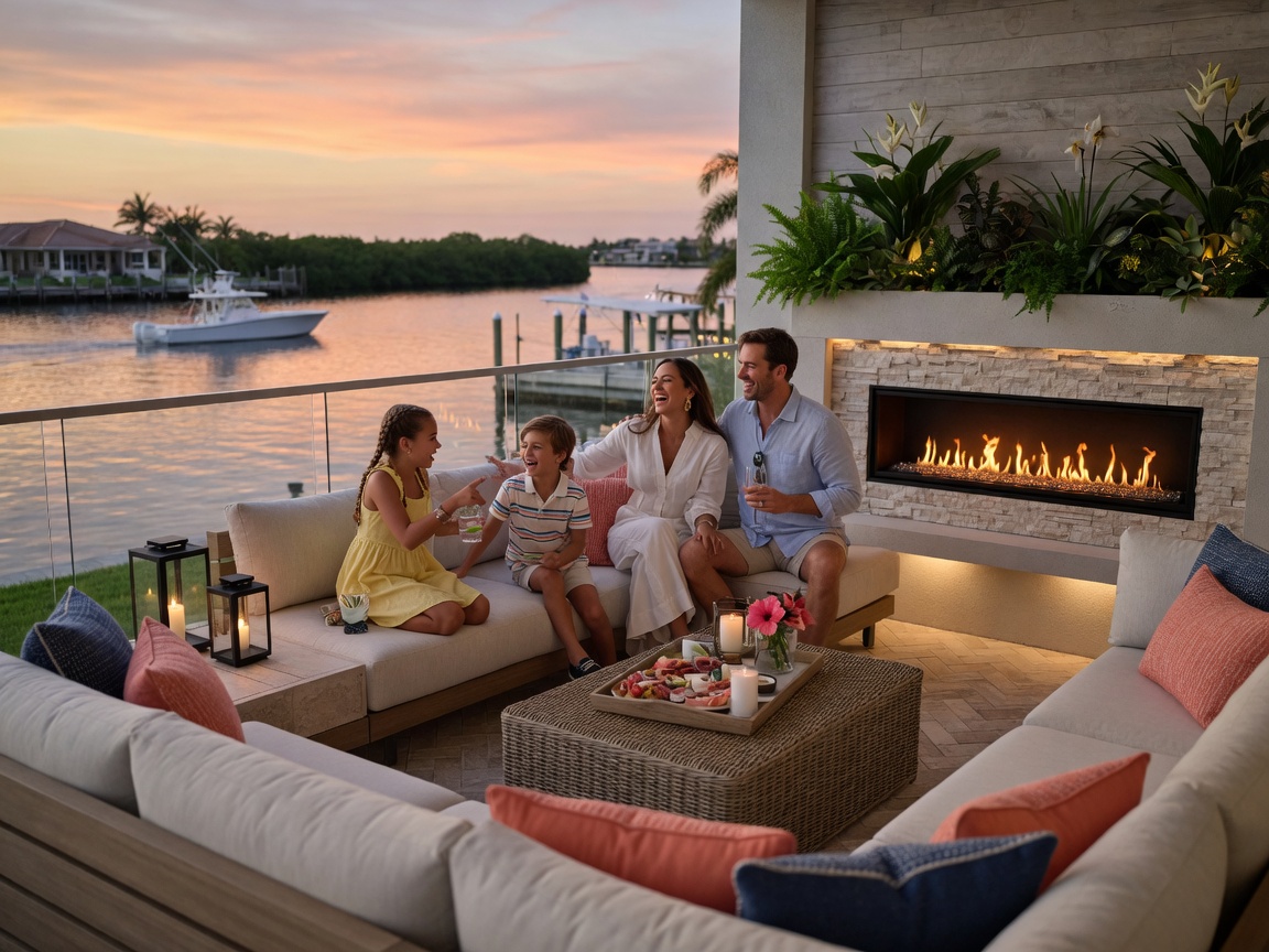 Professional 8K cinematic shot of a happy Cape Coral family enjoying their newly remodeled outdoor living space with fireplace, comfortable seating, and waterfront views at sunset