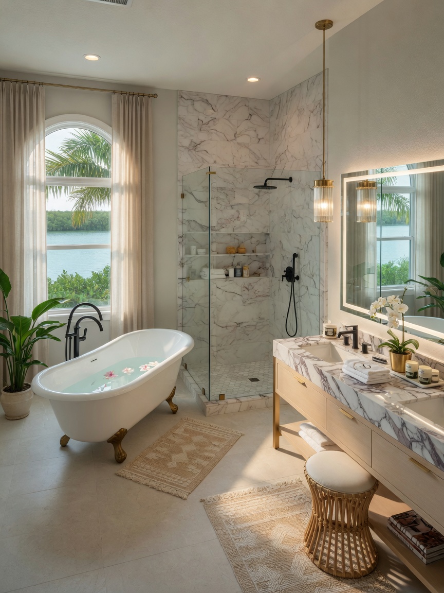 Ultra-realistic 8K photograph of an elegant primary bathroom renovation in Southwest Florida featuring a freestanding soaking tub, walk-in shower with marble tiles, and large vanity, soft natural light