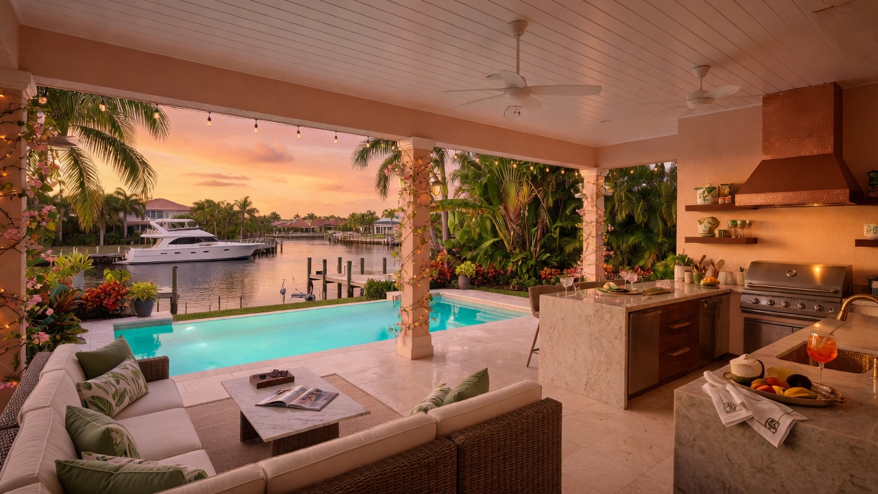 8K cinematic view of an expansive covered lanai with outdoor kitchen, pool, and canal view in a Cape Coral backyard during golden hour, luxurious tropical landscaping