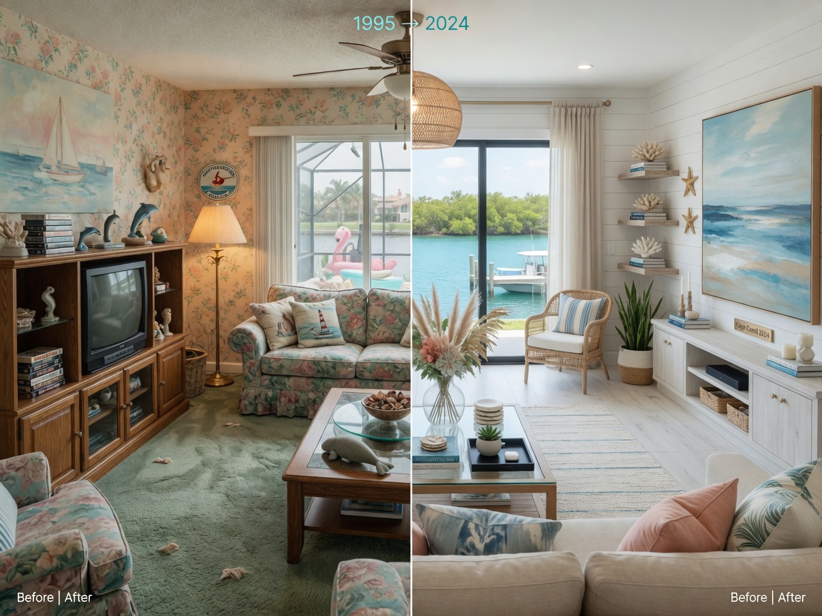 Ultra-detailed 8K image showing before and after split view of a dated 1990s Cape Coral living room transformed into modern coastal style interior