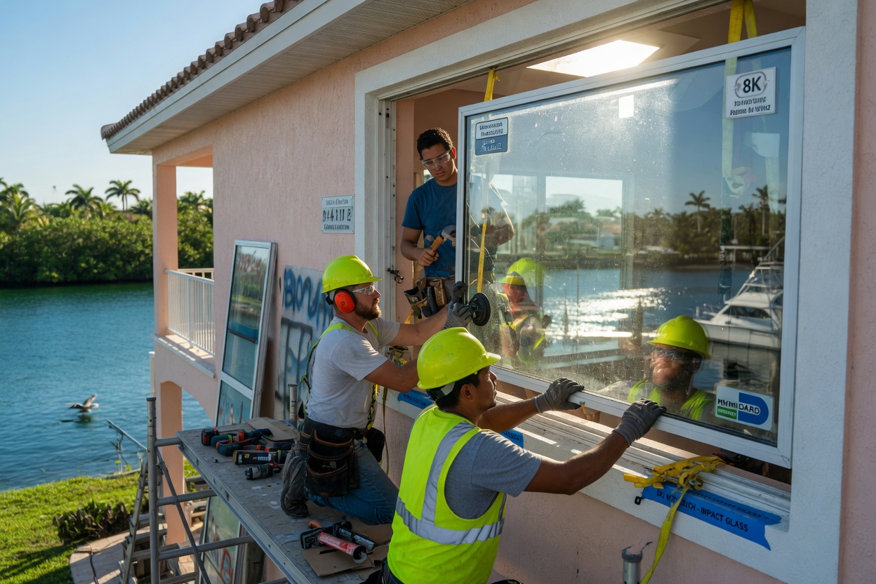 Professional 8K photography of impact-resistant hurricane windows being installed on a waterfront Cape Coral home, construction workers in action, bright daylight