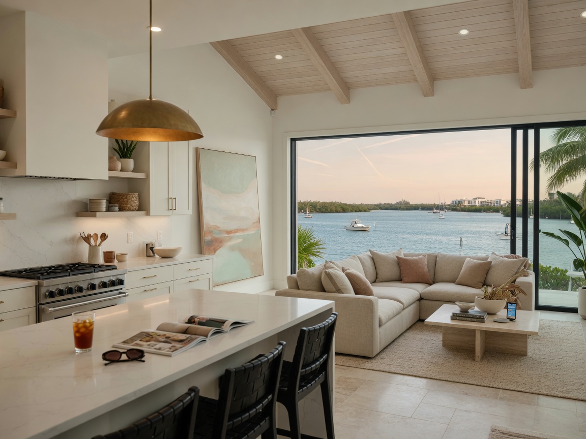 Ultra-realistic 8K image of a contemporary Southwest Florida open-concept kitchen and living area with neutral tones, high ceilings, and views of the Caloosahatchee River