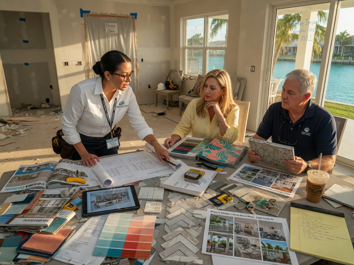 8K detailed photograph of a Cape Coral home renovation project manager discussing plans with homeowners at a dining table covered with design samples and swatches