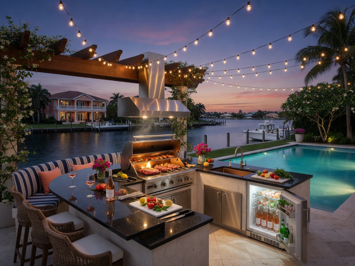 Ultra-realistic 8K image of a luxurious outdoor summer kitchen with built-in grill, refrigerator, and seating area beside a swimming pool in Cape Coral at dusk with string lights