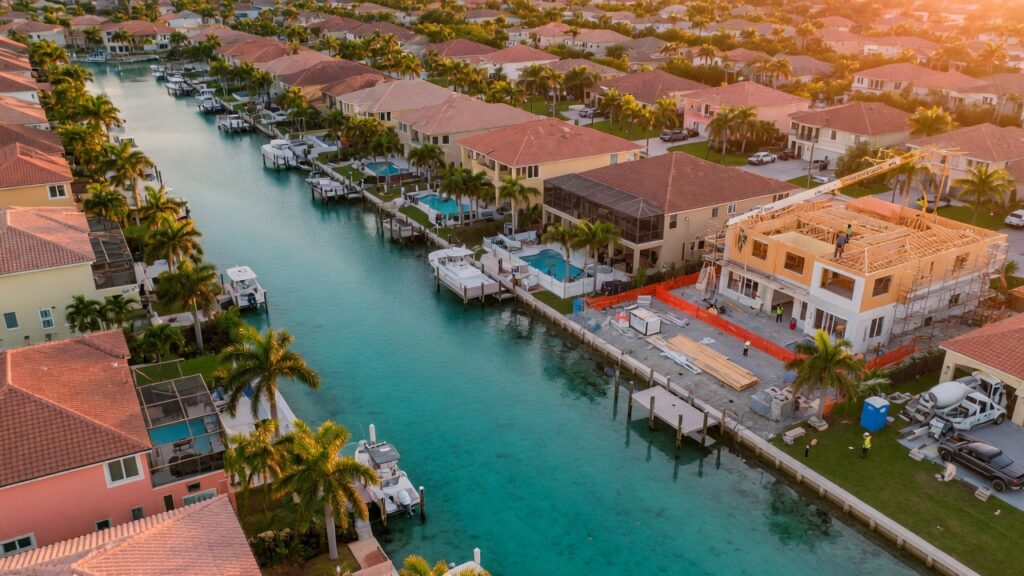 Ultra-realistic 8K aerial photograph of beautiful waterfront homes in Cape Coral Florida during golden hour with construction activity visible on one property, crystal clear water, palm trees, luxury residential neighborhood, highly detailed architectural photography