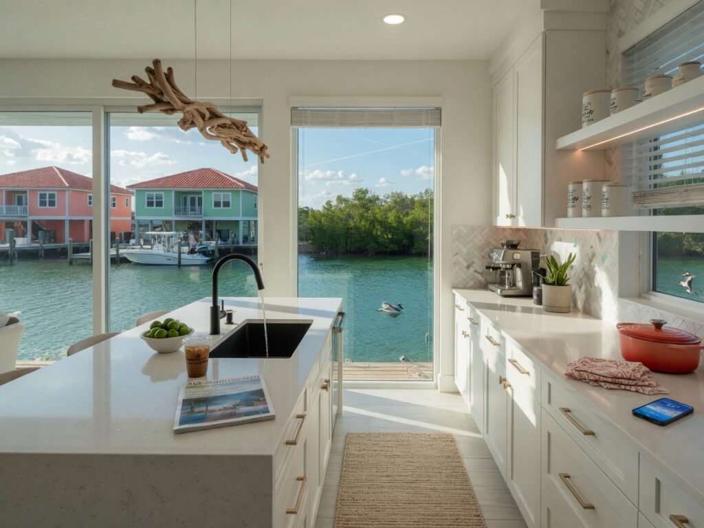 Ultra-realistic 8K photo of a modern coastal kitchen in Cape Coral Florida with quartz countertops and white cabinets, bright natural lighting, overlooking a canal, 2026 design trends