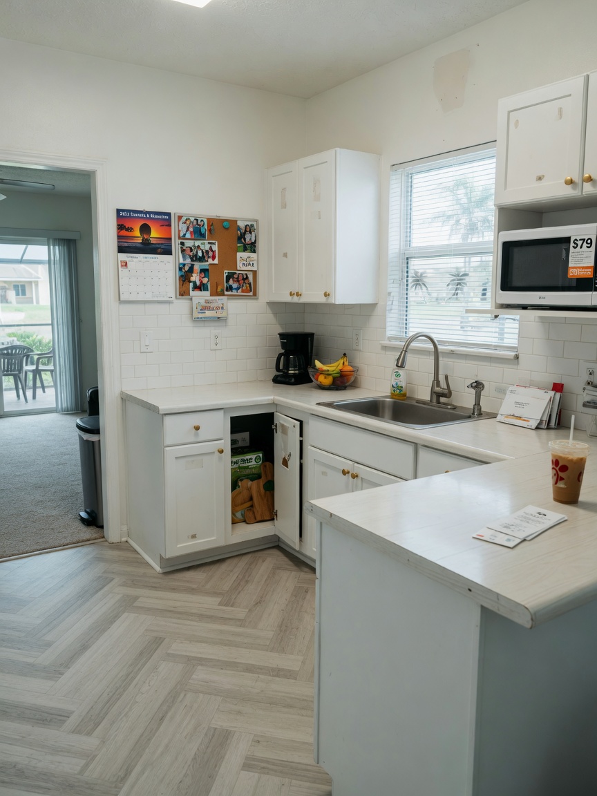Realistic 8K photograph of a budget-friendly kitchen remodel with white laminate counters, stock cabinets and vinyl plank flooring in a Cape Coral starter home