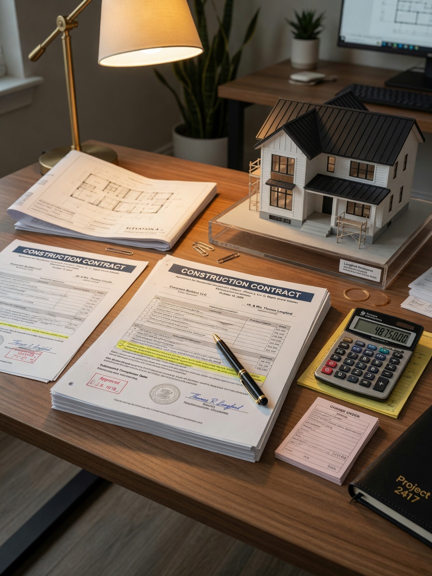 Ultra-realistic 8K image of detailed construction contract documents with pen, calculator, and house model on a modern desk, warm lighting, depth of field, professional business photography
