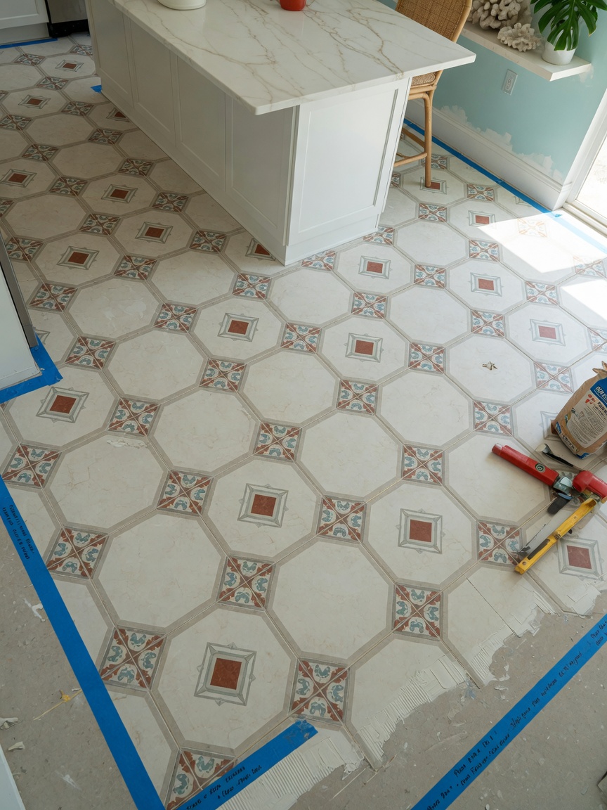 Close-up 8K image of premium porcelain tile flooring installation with intricate pattern in a high-end Southwest Florida kitchen renovation