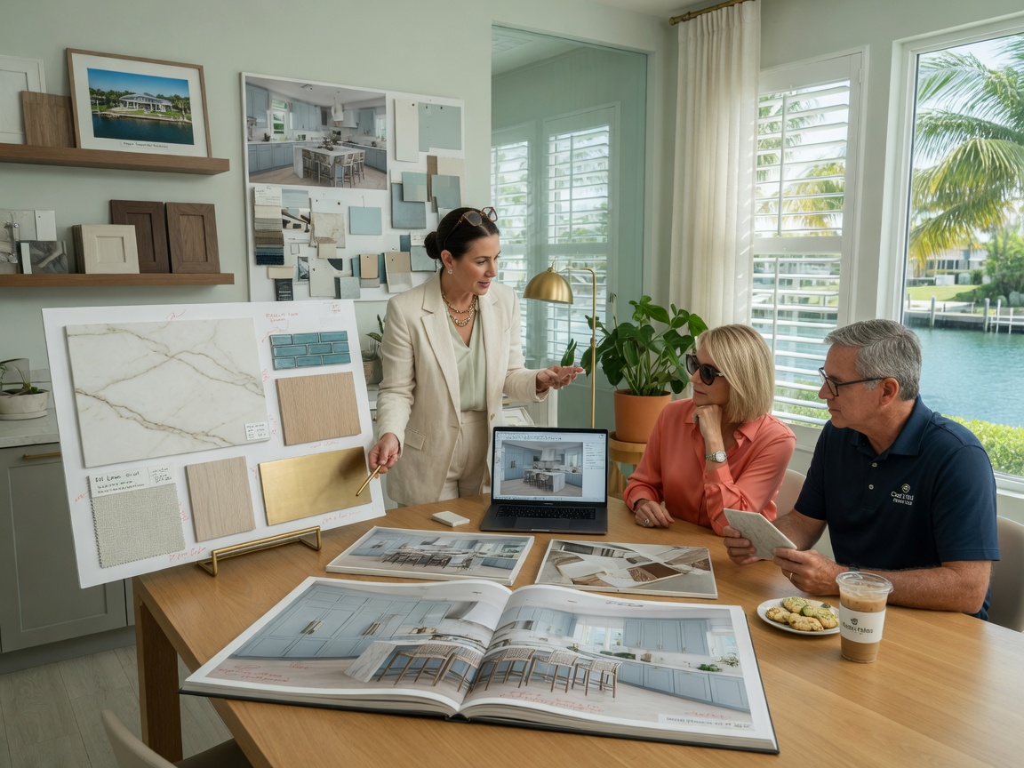 Professional kitchen designer presenting 3D renderings and material samples to homeowners in a Cape Coral design studio, natural light, ultra-realistic 8K