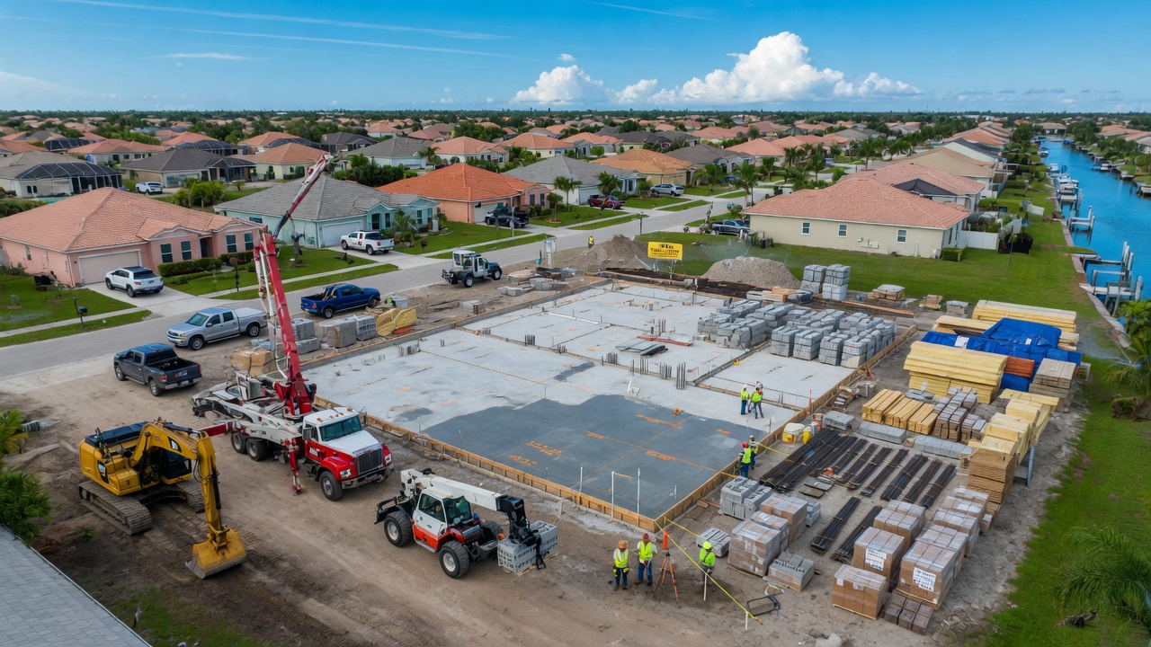 Ultra-realistic 8K aerial view of a large residential construction site in Cape Coral showing foundation work, building materials organized neatly, heavy equipment, and surrounding neighborhood, clear blue sky