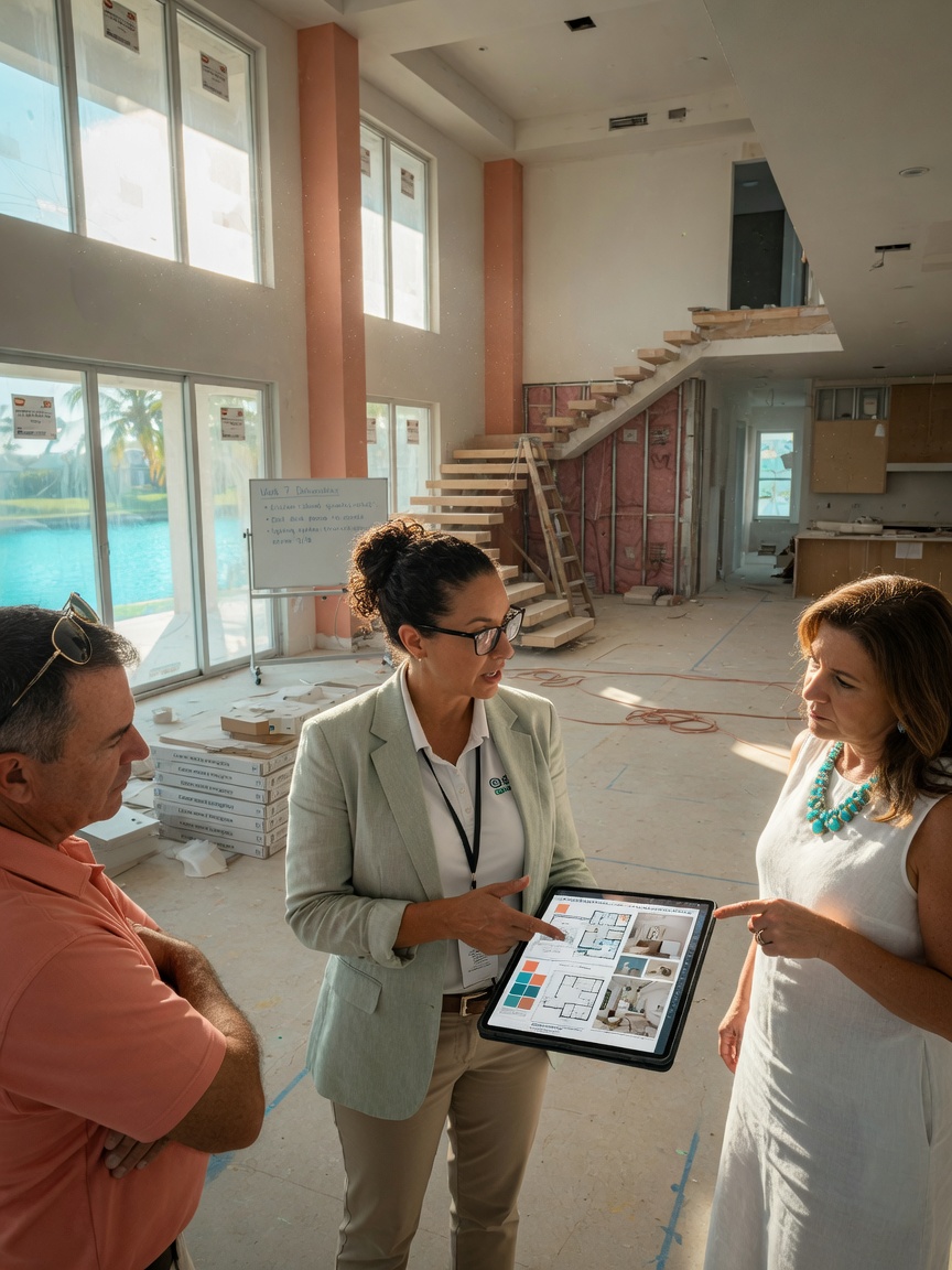 Ultra-realistic 8K image of a project manager discussing renovation plans with clients using a tablet computer while standing in an unfinished luxury home interior in Cape Coral, natural light, professional atmosphere