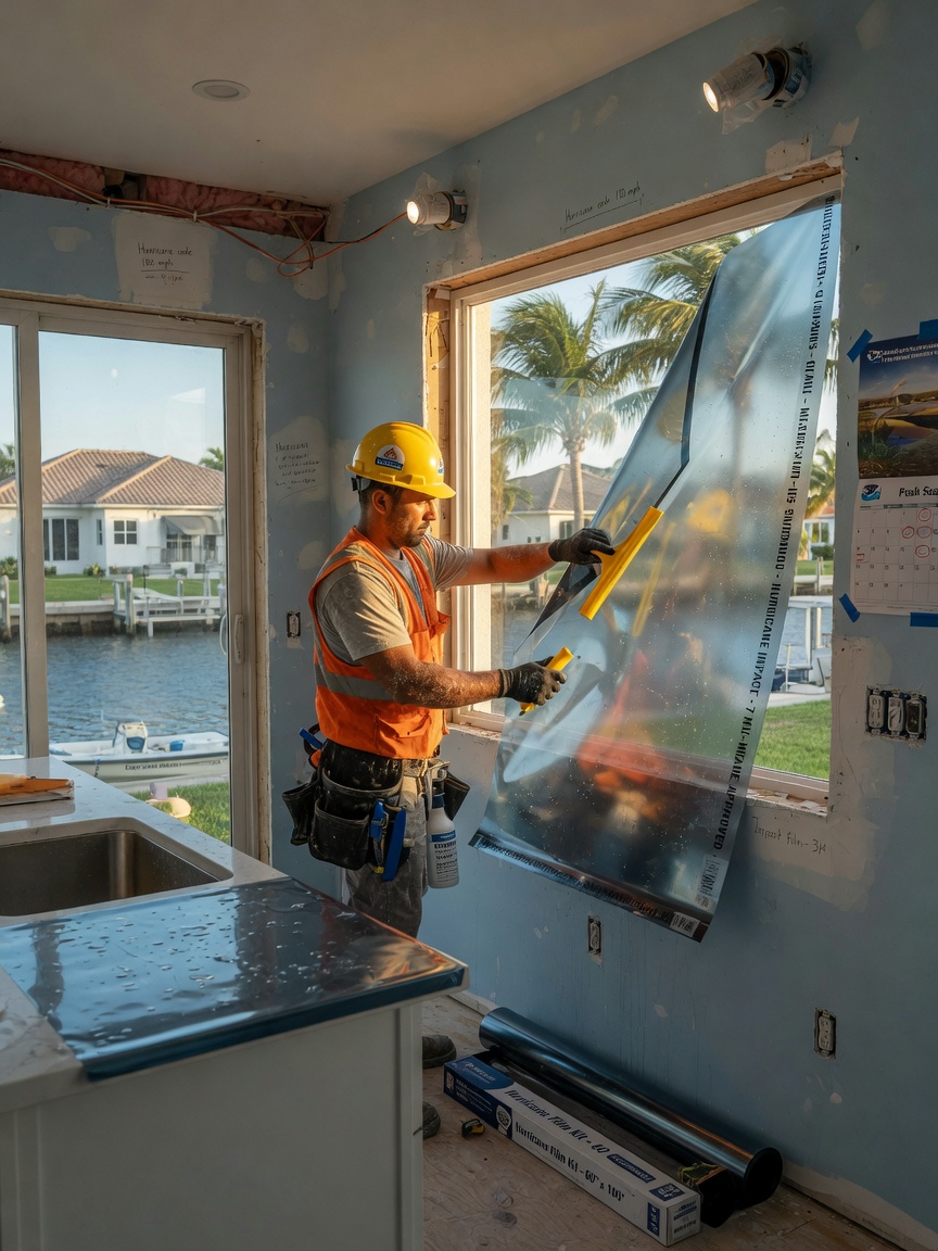 Construction worker applying hurricane impact window film in a kitchen being remodeled in coastal Cape Coral, realistic details, 8K photography