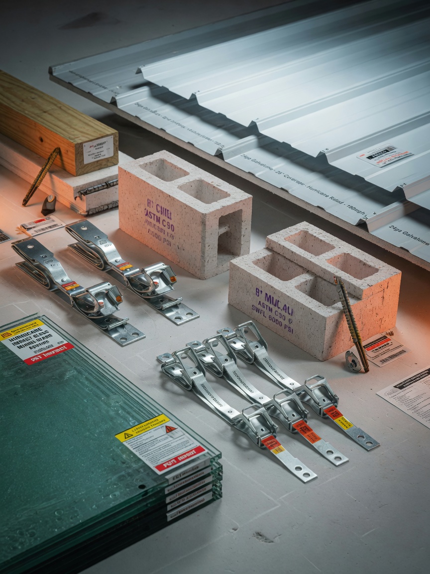 Ultra-detailed 8K close-up of high-quality building materials used in Southwest Florida construction including impact glass, hurricane straps, concrete blocks, and metal roofing, neatly arranged, studio lighting