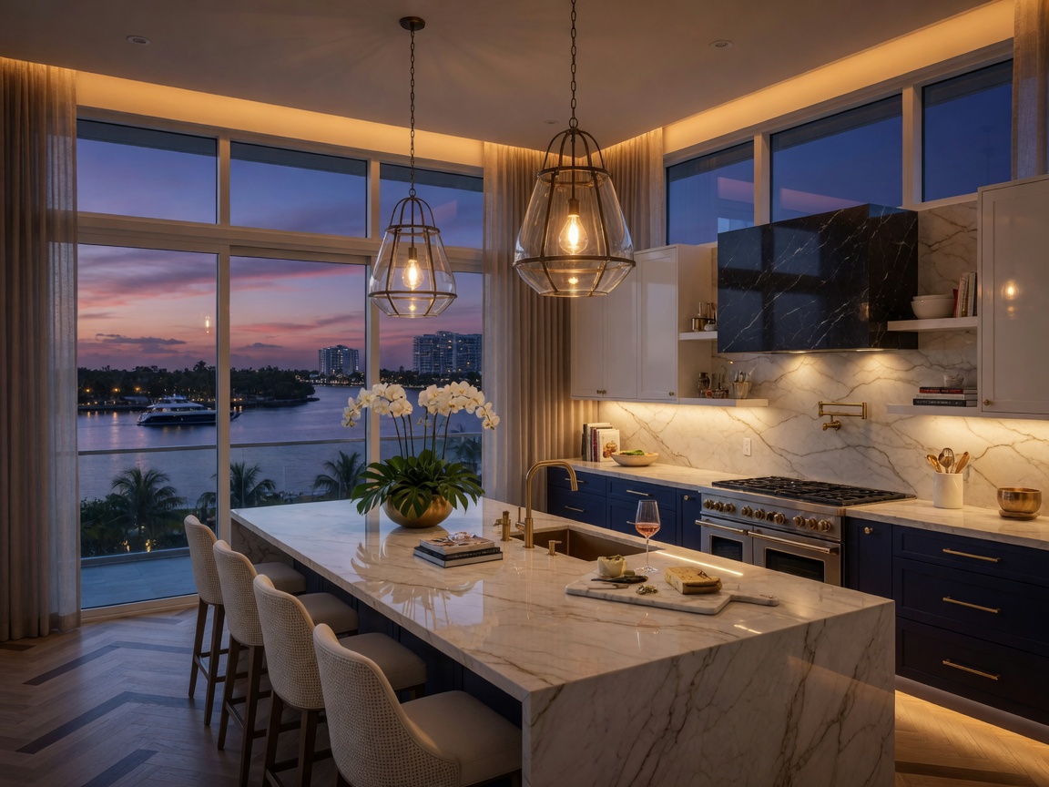 Stunning completed luxury kitchen at twilight with under-cabinet lighting, pendant lights over island, and canal view through large windows in Fort Myers, 8K ultra-realistic