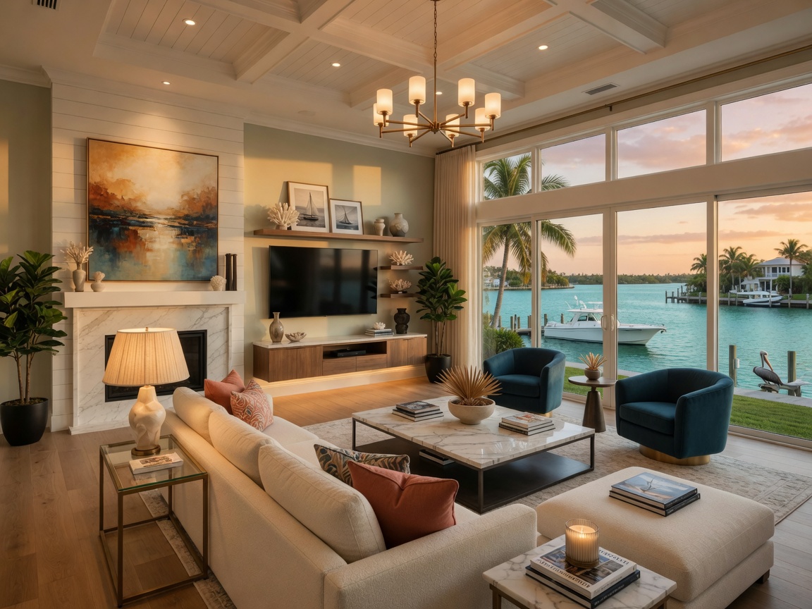 Warm ultra-realistic 8K photograph of a completed luxury renovated living room in a Cape Coral waterfront home with stunning water views through large windows, modern furniture, perfect interior design photography