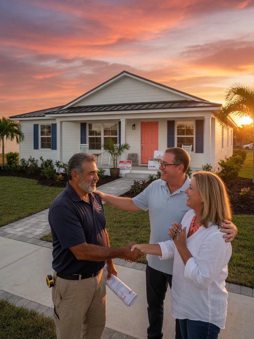 Ultra-realistic 8K image of a general contractor shaking hands with satisfied homeowners in front of a beautifully renovated Cape Coral home at sunset, warm golden lighting, emotional and successful conclusion