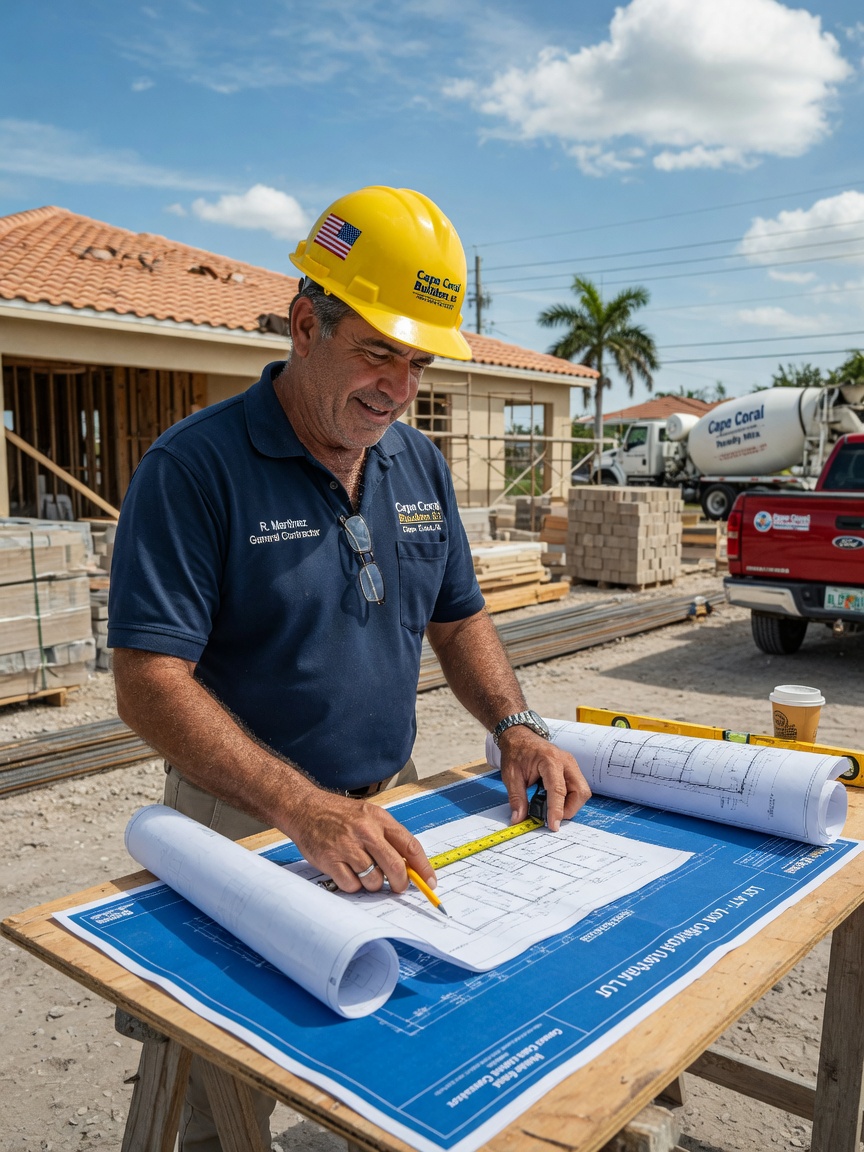 Professional ultra-realistic 8K portrait of a trustworthy general contractor in Cape Coral standing at a residential construction site wearing a hard hat and company polo shirt, reviewing blueprints, sunny Florida weather, sharp focus